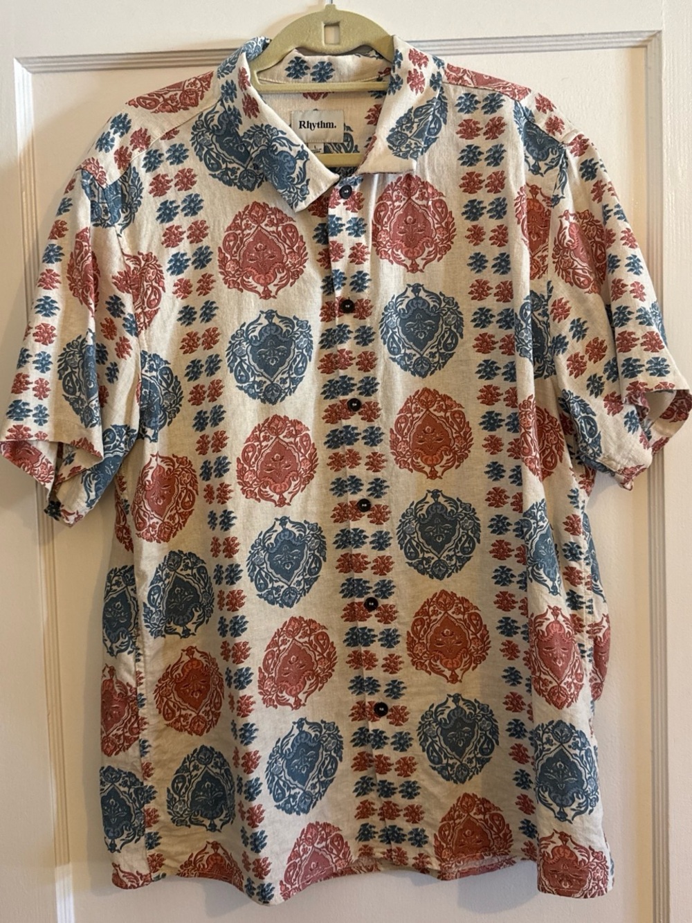 Rhythm Men's Short-Sleeve Button-Up Shirt in Cream with Blue & Rust Print